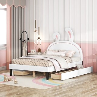 Full Size Upholstered Leather Platform Bed with Rabbit Ornament & 4 Drawers, Low to Ground Full Bed Frame with Slats Support