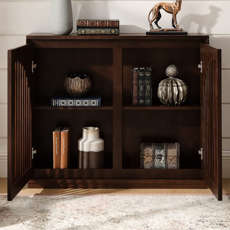 Modern Fluted Wooden Sideboard Cabinet, Multi-functional Narrow Side Cabinet, Storage Cabinet with 2 Doors & Outlet Holes