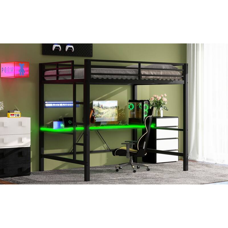 Full Size Gaming Metal Loft Bed Frame with LED Light, USB Charge Station and Desk
