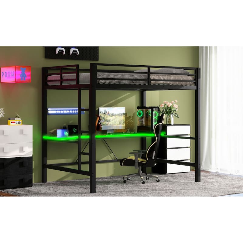 Full Size Metal Loft Bed Frame with LED Lights, USB Charging Station, Desk, and Guardrails