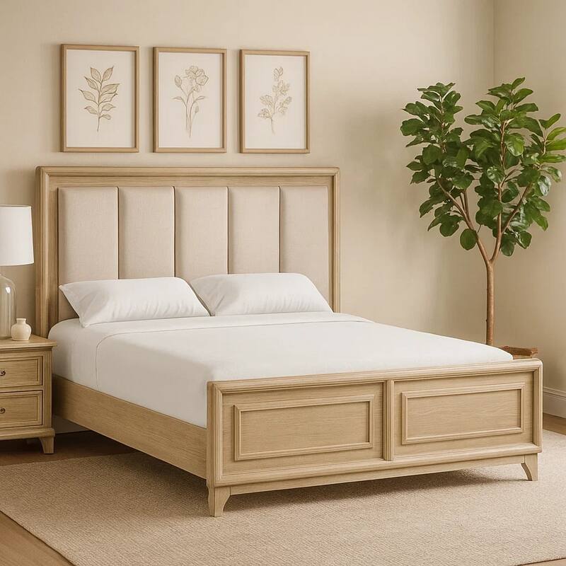 Myna King Bed, Solid Wood, Ivory Channel Padded Upholstery, Oak Brown