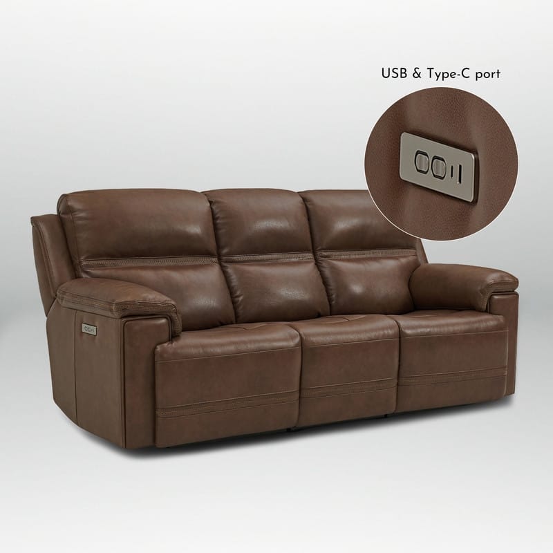 Genuine Leather Dual Power Sofa with Zero Gravity, Adjustable Headrest, Footrest, USB/Type-C & Cross-stitching Detail