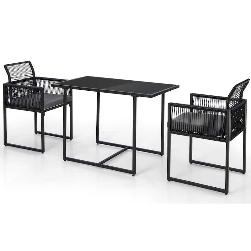 Gymax Set of 3 PE Wicker Furniture Set Cushioned Chairs w/ Folding - Black