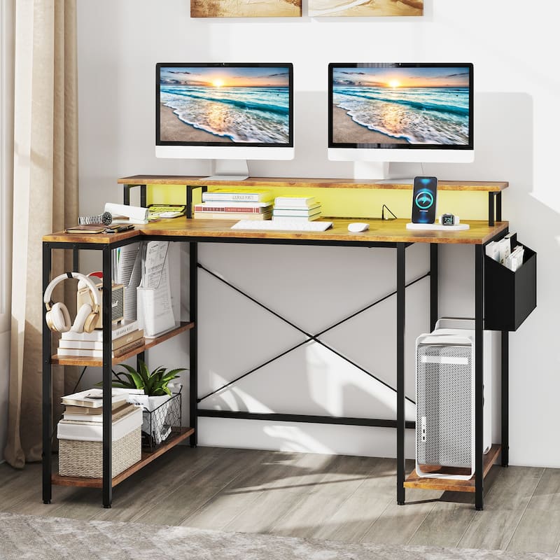 48 Inch L Shaped Computer Desk with LED Lights Gaming Workstation with Monitor Stand Storage