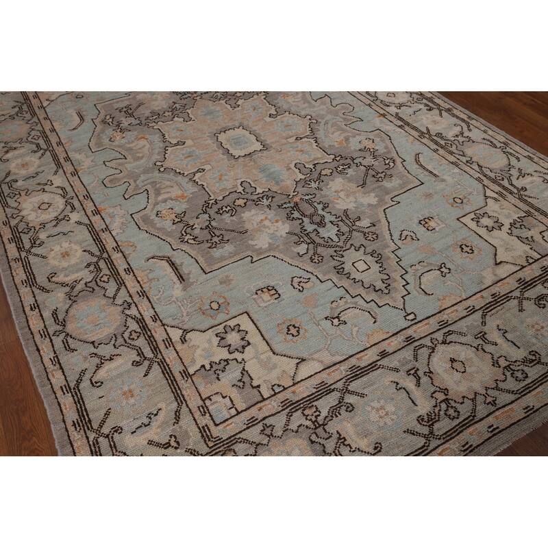 Vegetable Dye Oushak Turkish Rug Blue Hand-Knotted Wool Carpet - 6'1"x 9'0"