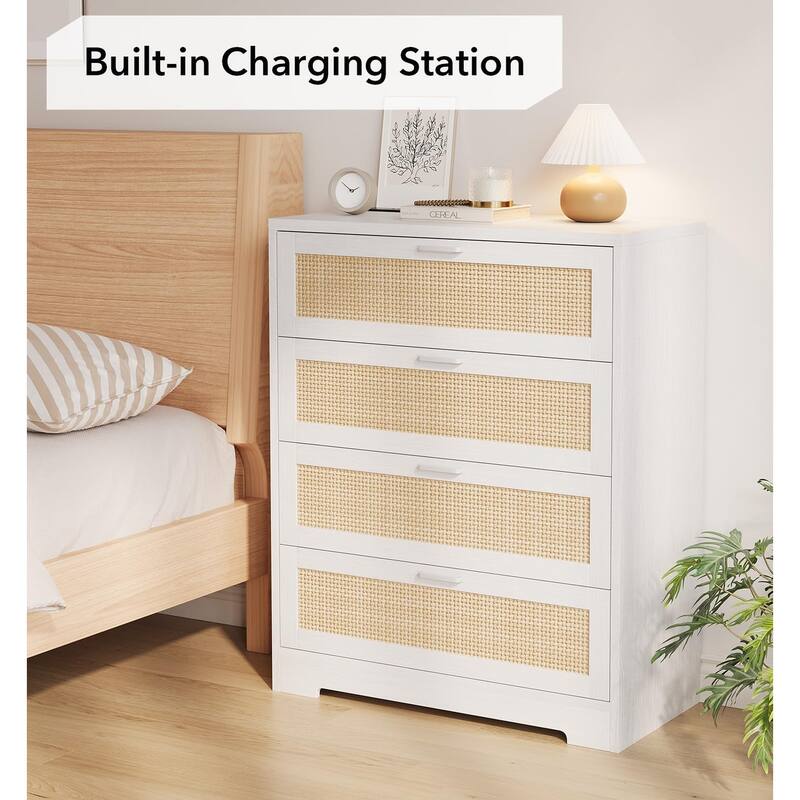 4/5 Drawer Rattan Dresser for Bedroom, Wood Dresser Chest of Drawers with Power Outlets