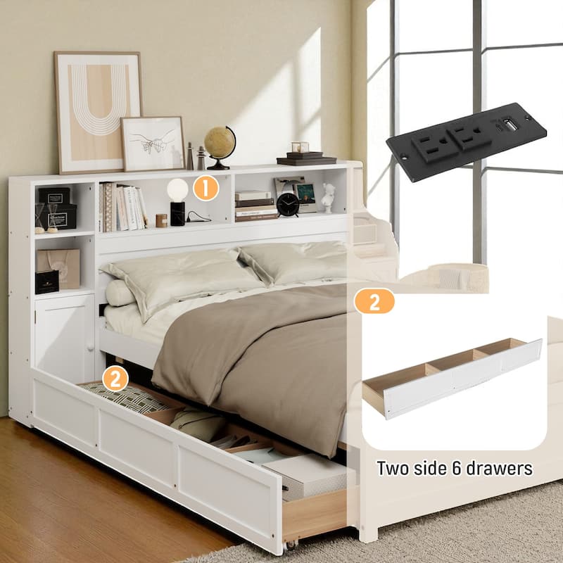 Twin Size Wooden Storage Bed with Bookcase Headboard, 6 Drawers, Shelves and USB Charging Station, White