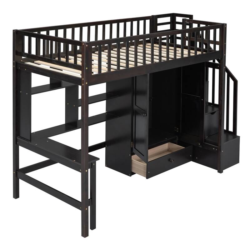 Merax Twin size Loft Bed with Bookshelf,Drawers,Desk,and Wardrobe
