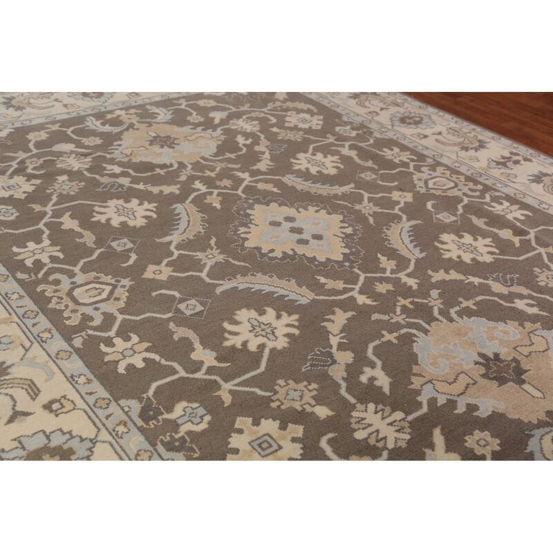 Brown Floral Oushak Indian Area Rug Hand-Knotted Wool Carpet - 9'0"x 11'10"
