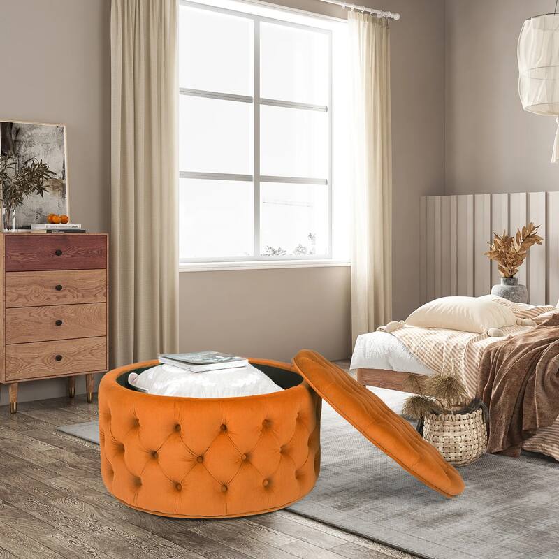 Adeco Round Velvet Button Tufted Storage Ottoman Footrest Footstool