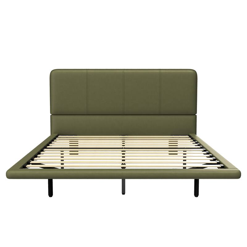 Modern Floating Platform Bed with LED Lights, PU Leather Upholstery, Queen Size, Easy Assembly