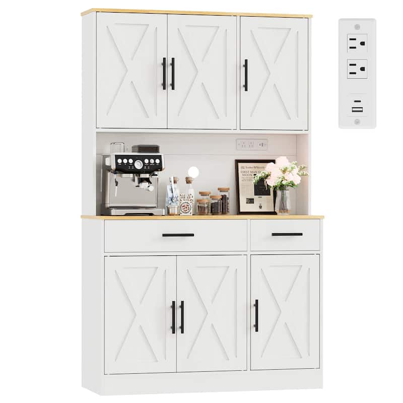 Kitchen Pantry Storage Cabinet with Outlets & USB Ports - N/A - White