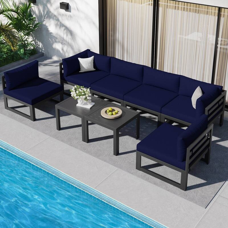 FINCATI Aluminum Outdoor Patio Furniture Conversation Sectional Sofa Set - 8Pieces-A/Sectional - Navy Blue