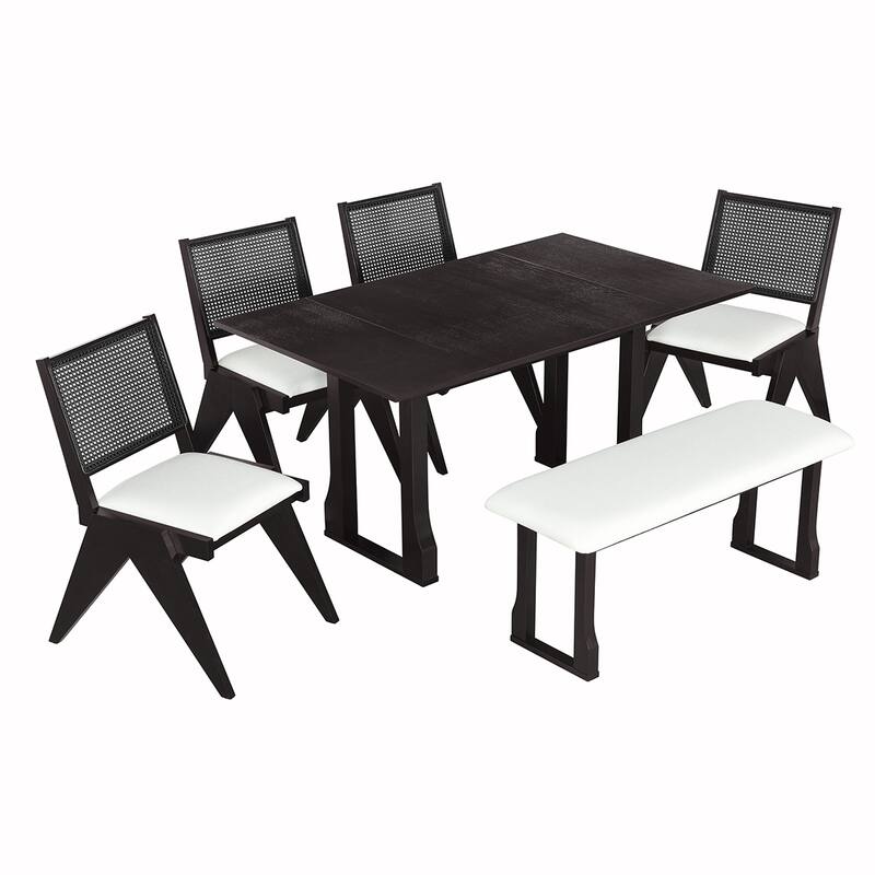 6PCS Rattan Wooden Extendable Dining Table Se