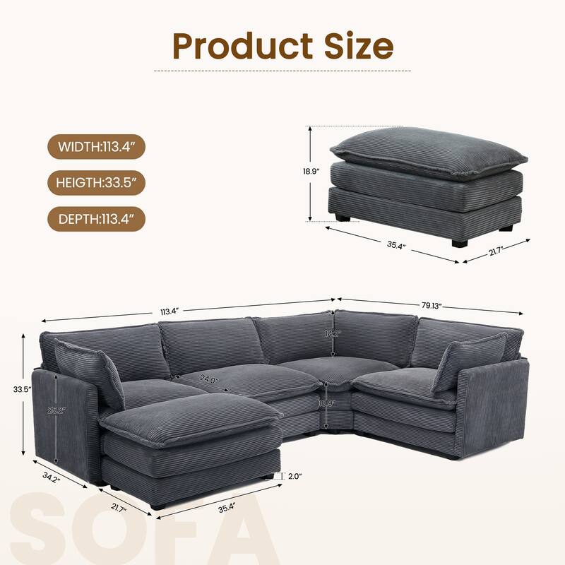 5-Seater Corduroy Sectional Sofa with a Removable Ottoman & Corner Seat, Soft & Comfortable - 4 Seats with 1 Ottoman