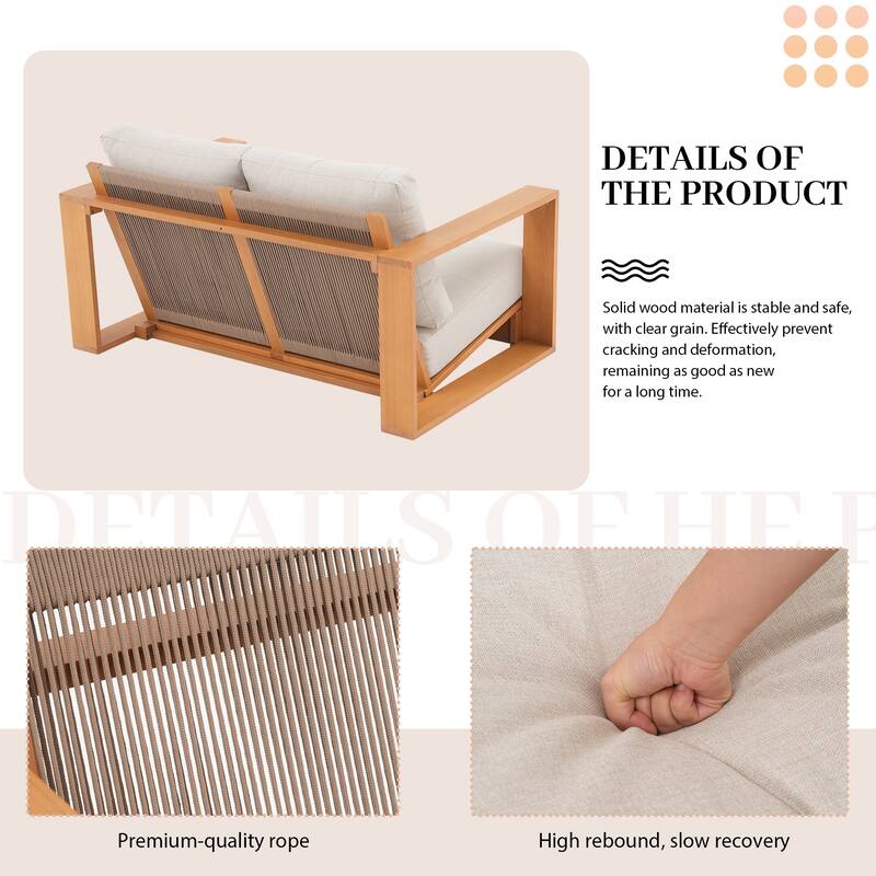 Outdoor Conversation Set 4-Piece Eucalyptus Wood Sofa Weather‑resistant Rope Weave Loveseat with Coffee Table