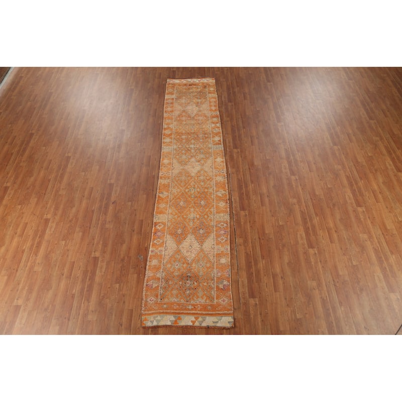 Geometric Oushak Oriental Vintage Runner Rug Handmade Wool Carpet - 2'6"x 8'0"