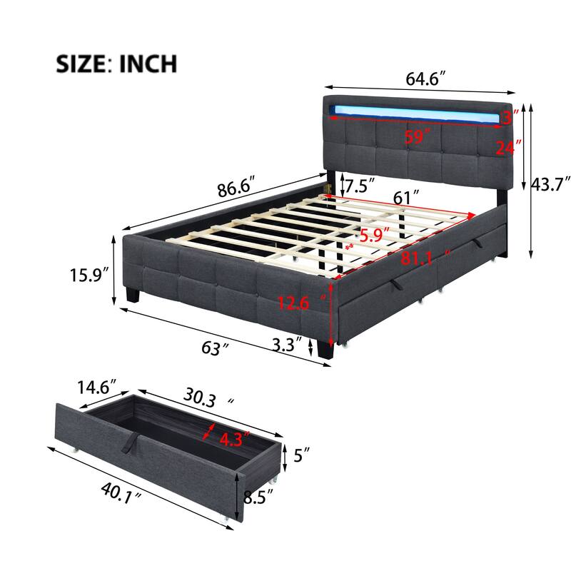 Linen Upholstered Platform Bed Frame with LED Light Headboard & 2 Drawers