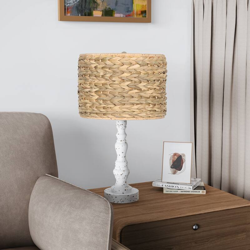 1-Light White Candlestick Table Lamp Rattan Drum Shade - White