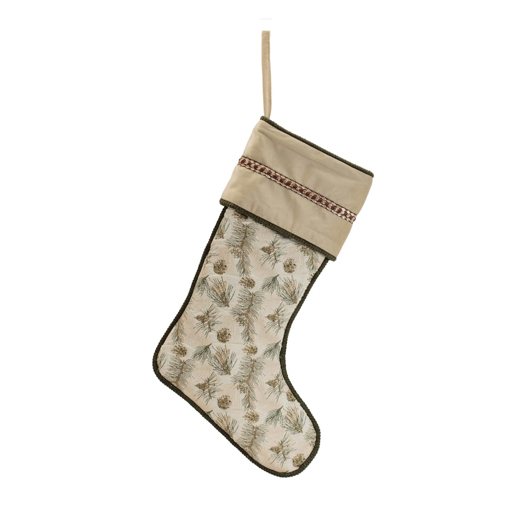 20" Tall Beige Polyester Pinecone Print Christmas Stocking with Gold Accents and Forest Green Trim - 14”L x 1”W x 20”H