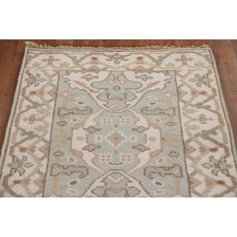 Floral Blue Oushak Runner Rug Hand-knotted Wool Carpet - 2'9"x 9'10"