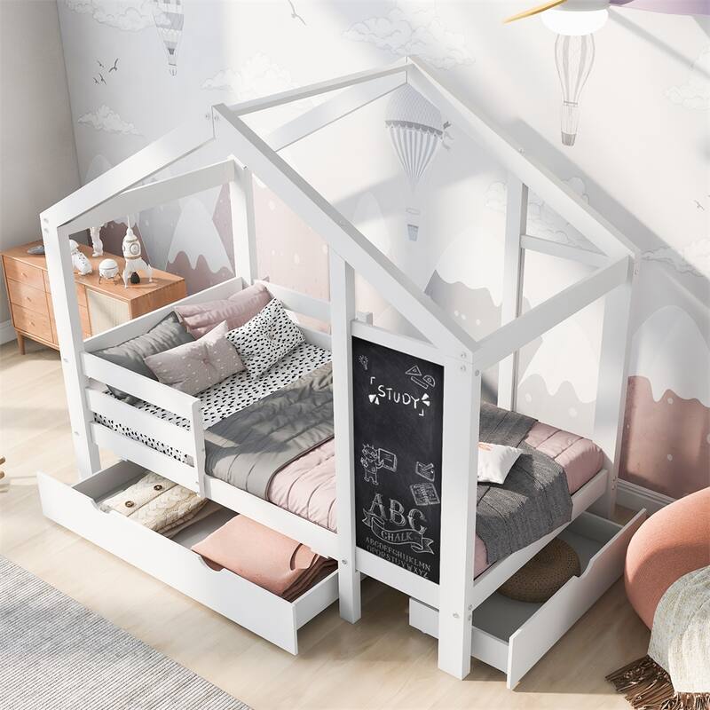 Full House Bed with Blackboard and Drawers, Two Assembly Options