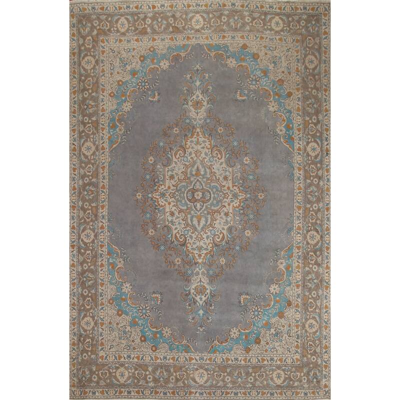 Hand Knotted Oriental 100% Wool Carpet Traditional Medallion Greys & Charcoal Tabriz Area Rug - 12' 8'' X 9' 6''