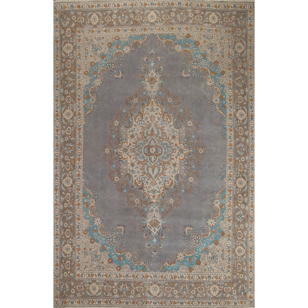 Hand Knotted Oriental 100% Wool Carpet Traditional Medallion Greys & Charcoal Tabriz Area Rug - 12' 8'' X 9' 6''