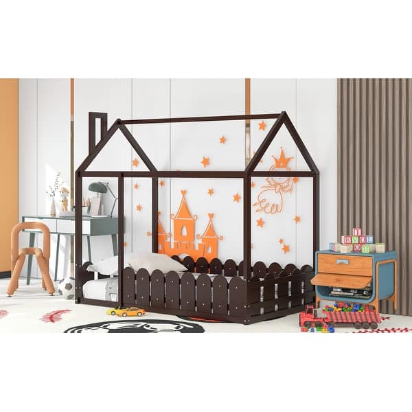 slide 2 of 14, Twin Wood House Bed with Roof & Fence - Playhouse Design for Kids