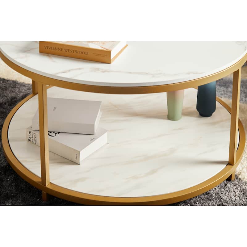 Round 2-Tier Coffee Table with Featuring Built-In Storage Slots and Shelf