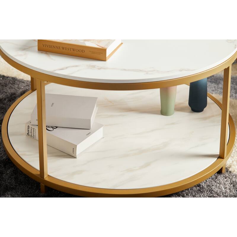 Round Coffee Table with Storage Tray and Lower Shelf Two Tier Modern Design