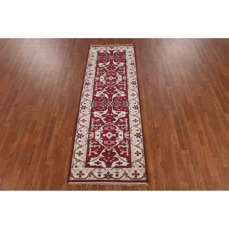 Red & Ivory Oushak Indian Runner Rug Hand-Knotted Wool Carpet - 2'9"x 7'10"
