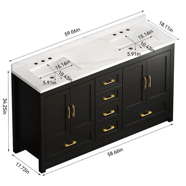 60" Black Bathroom Vanity Cabinet with 4 Soft-Close Doors and 5 Drawers, MDF Storage Vanity, Transitional Style