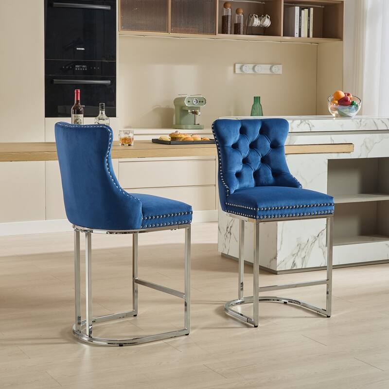 Set of 2 Modern 25 Inch Counter Bar Stools Velvet Upholstered Button Back Chrome Legs