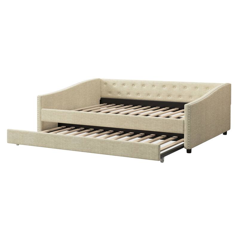 Wooden Frame Upholstered Tufted Daybed with Twin Size Trundle Bed - Classic Design with Copper Nail Details.