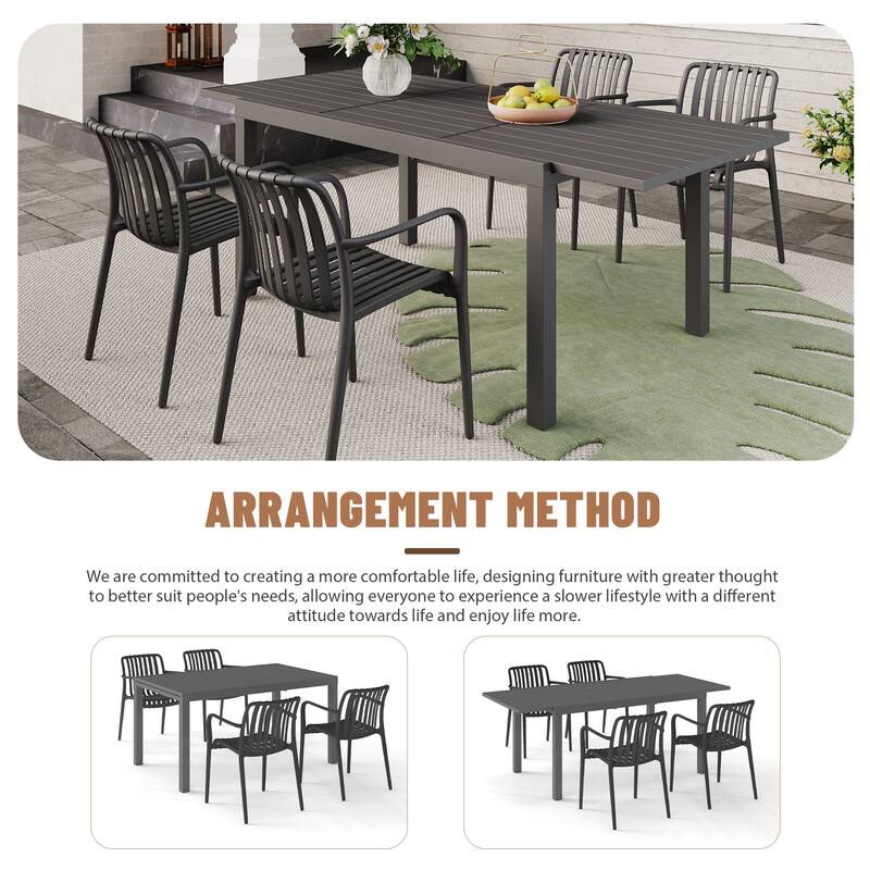 Outdoor Dining Set 5-Piece Stackable Plastic Lightweight Dining Armchair and Extendable Dining Table