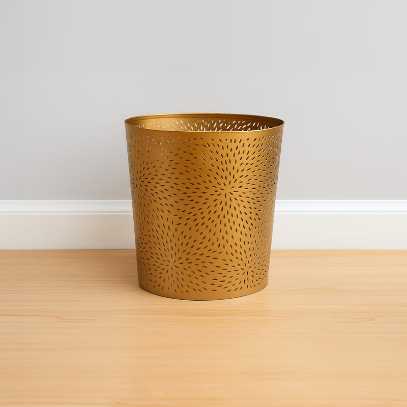 10" Decorative Iron Wastebasket Trash Can Matte Gold Leaf Etched Design