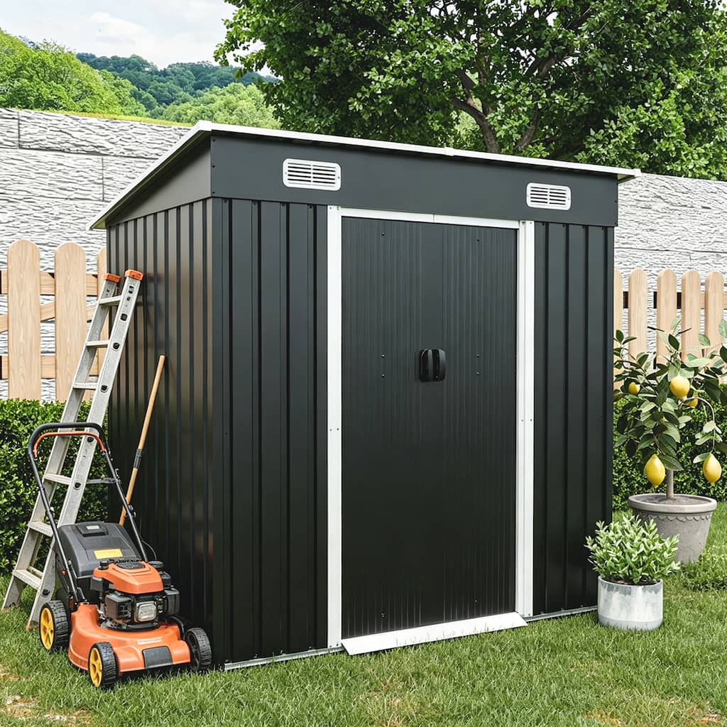6x4ft Metal Shed, Sliding‑Door Outdoor Storage Building with Ventilation Vents & Threshold,Galvanized Steel Shed
