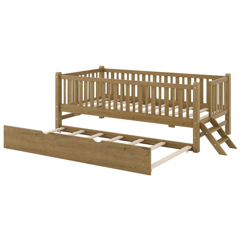 Roomfitters Twin Wood Platform Bed with Semi-Enclosed Guardrail and Trundle