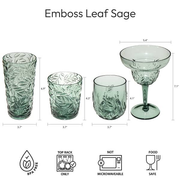 Abode Homewares Embossed Leaf Acrylic Drinking Glass - Sage - Set of 6
