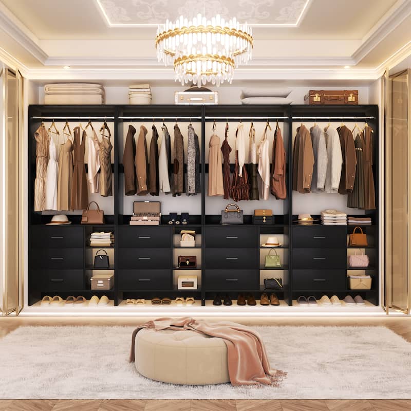 Cimly 30'' W Freestanding Closet System with Hanging Rod, Closet Organizer with Drawers and Shelves - 4pcs - Black