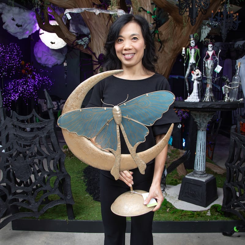 22" Crescent Moon With Luna Moth Statue, Teal