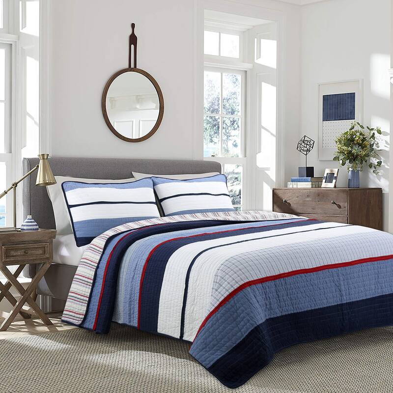 Cozy Line Levi Jean Stripped Denim Blues Cotton Quilt Bedding Set