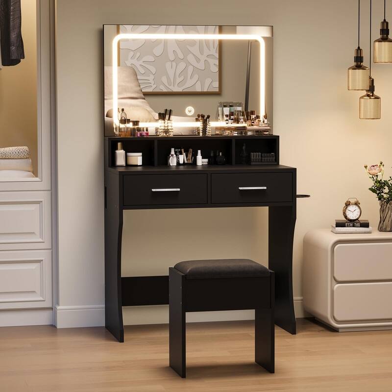 Makeup Table Set with 2 Drawers, Open Shelves, Charging Station & Stool