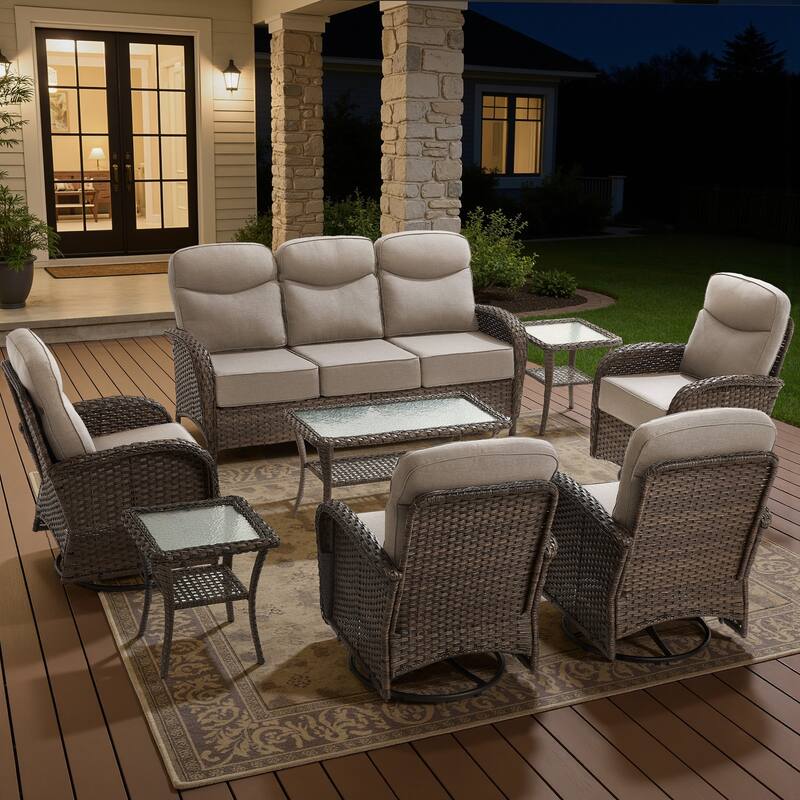 Luna 8-Piece Wicker Patio Conversation Set with Swivel Gliders and 6-Inch Thick Olefin Cushions