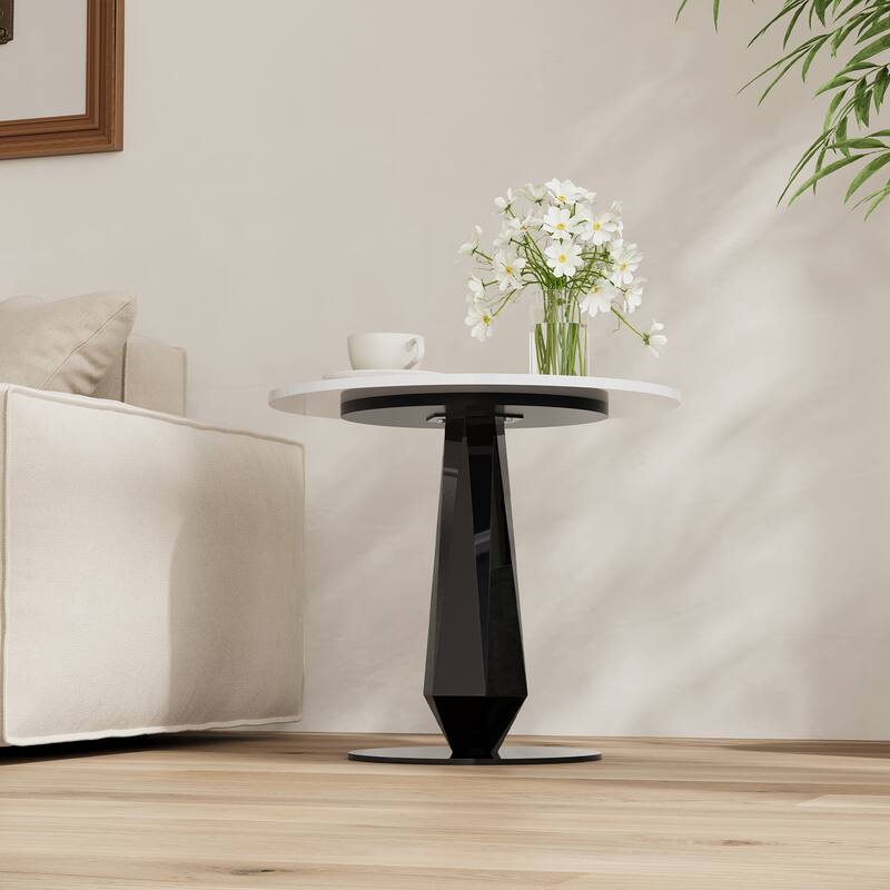 17.72" Modern Round End Table, White Glossy Sintered Stone Side Table, with Black Stainless Steel Base