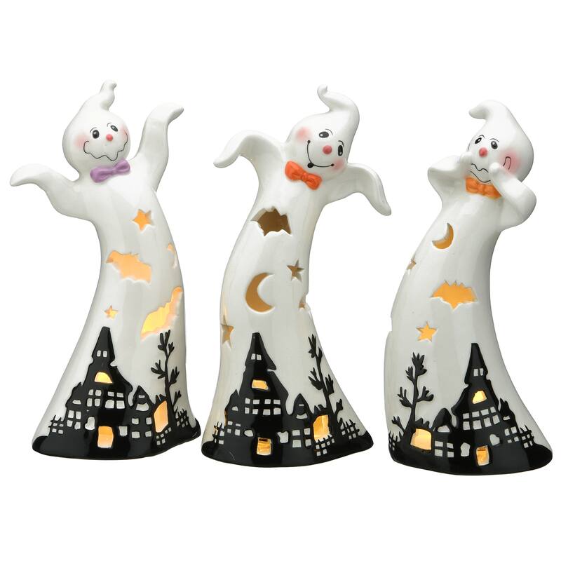 National Tree Company Halloween Three Dancing Ghosts Ceramic Decoration, LED Lights, Pack of 3, 7 inches - 7 in