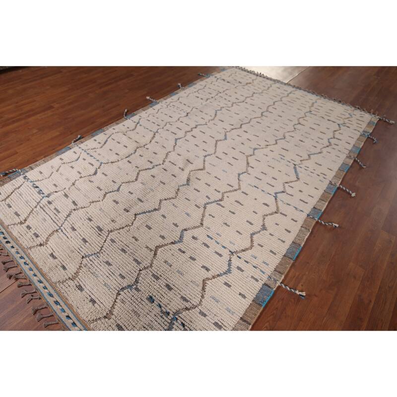 Ivory Striped Moroccan Oriental Area Rug Hand-Knotted Wool Carpet - 6'0"x 9'10"