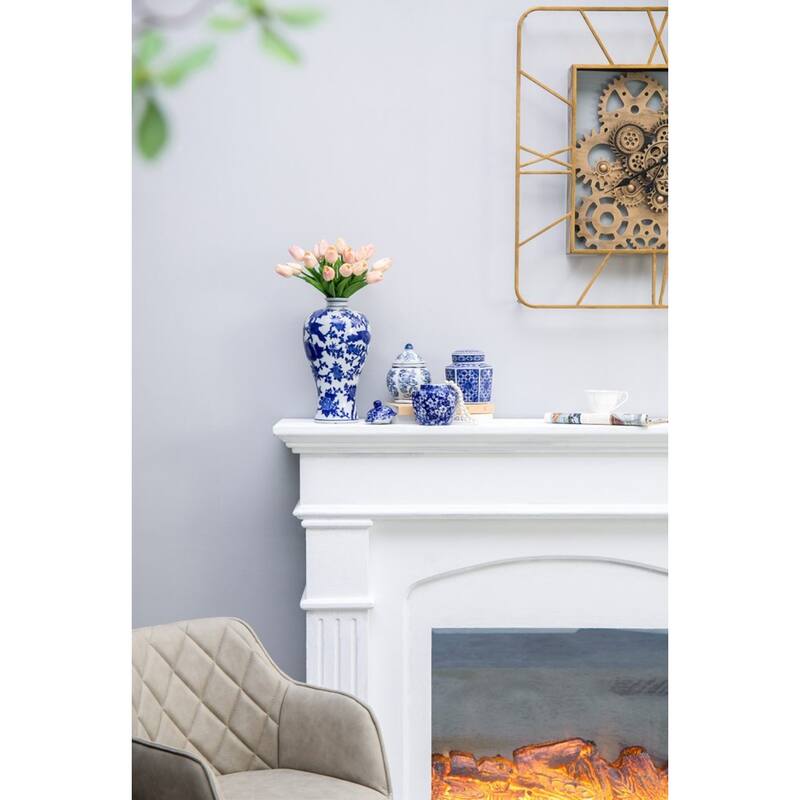 Floral Bird Porcelain Vase - 13" - Blue and White
