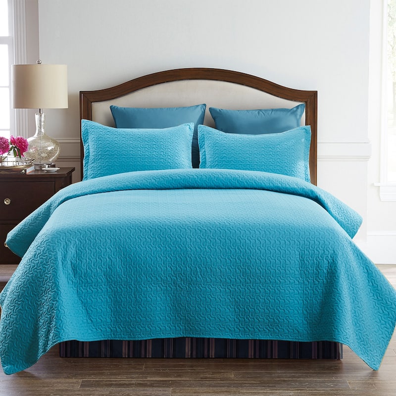 3-piece Fashionable Solid Embossed Quilt Set Bedspread Cover - Blue coin - King